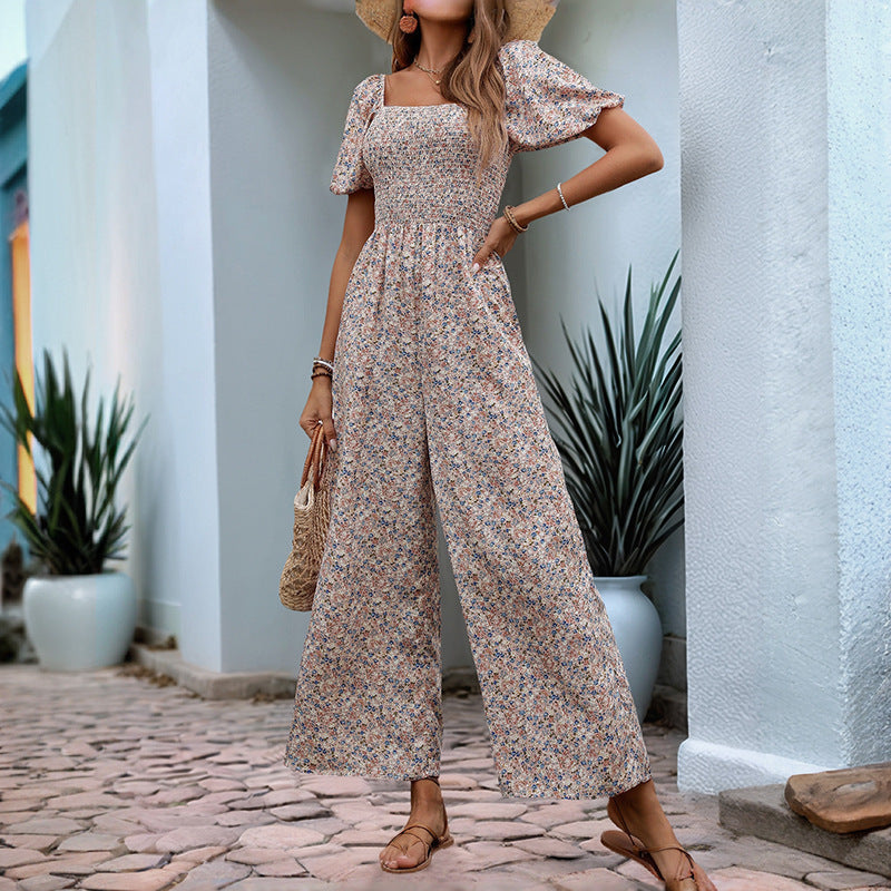 Floral Jumpsuit Square Collar Puff Sleeve