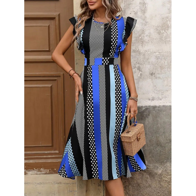 Striped Dress Round Neck Flounced Sleeve