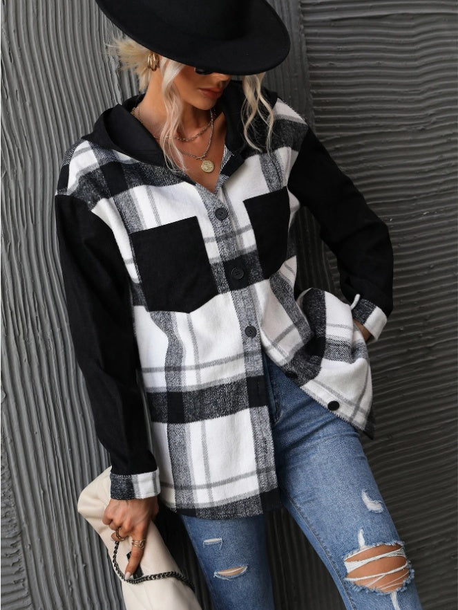 Plaid Drop Shoulder Hooded Coat