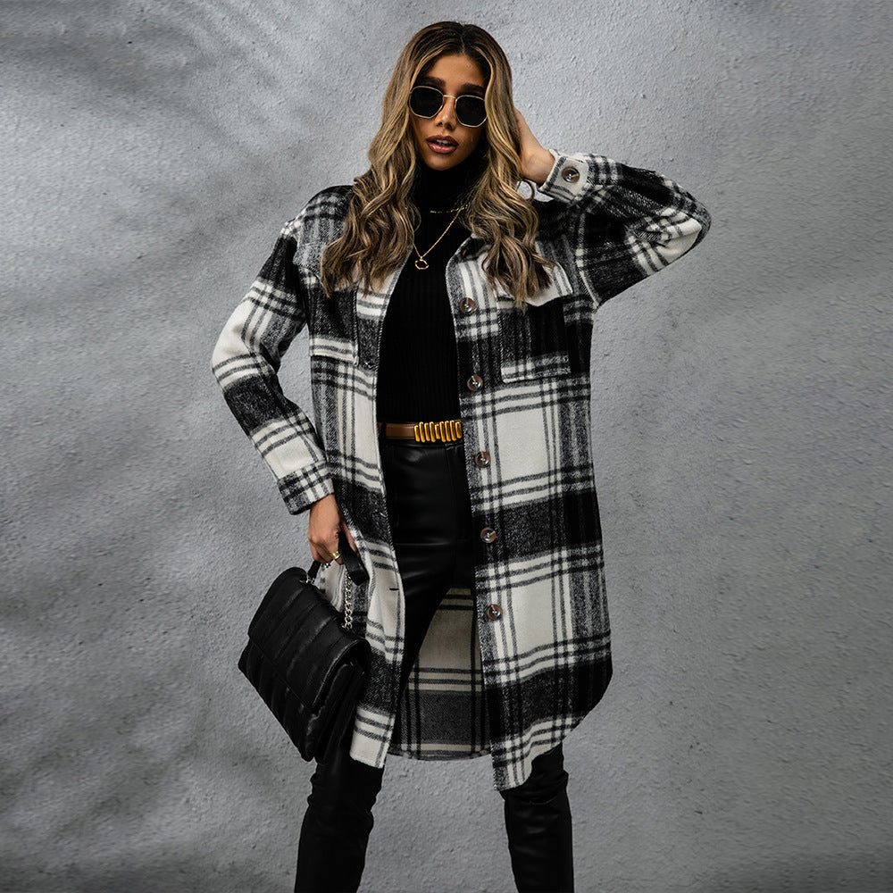 Plaid Wool Coat Single Row Button Long Winter Jacket