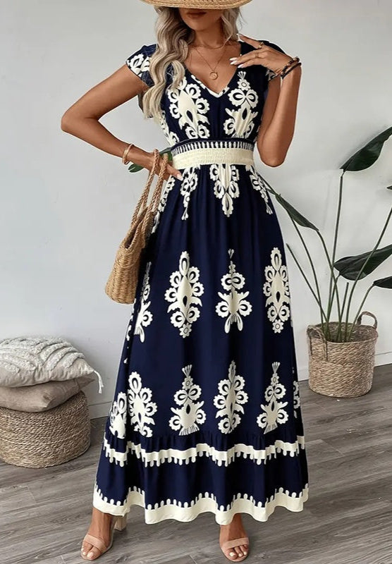 Maxi Dress for Women Casual V Neck Cap Sleeve