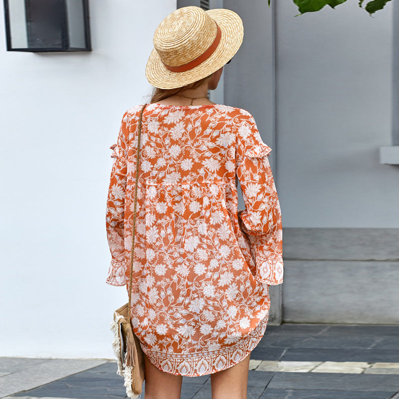Bohemian Ruffled V-Neck Top – Flared Sleeve Blouse