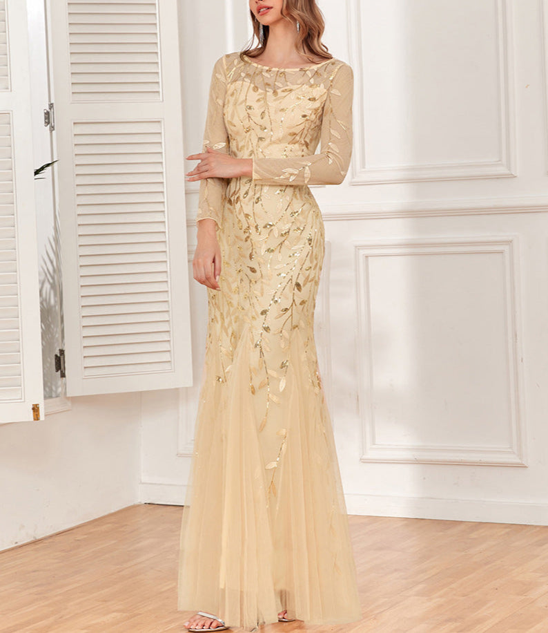 Long Sleeve Round Neck Dress with Back Zipper & Fishtail Skirt