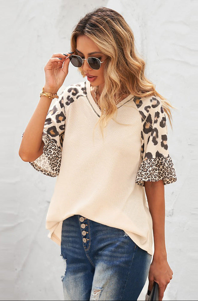 Leopard Print V-Neck Pullover – Five-Point Sleeve Stitching Top