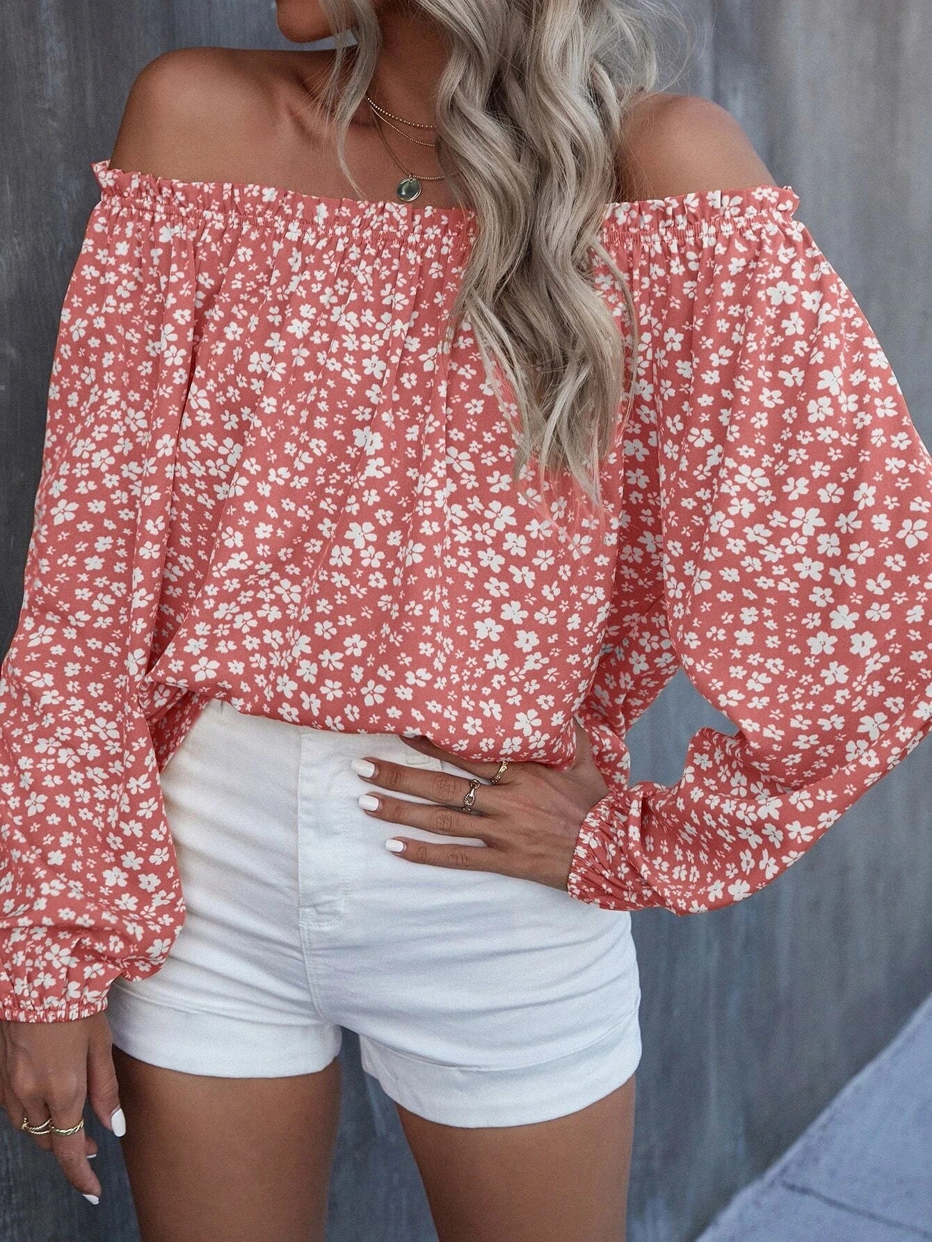 Off-Shoulder Printed Long Sleeve Loose Shirt