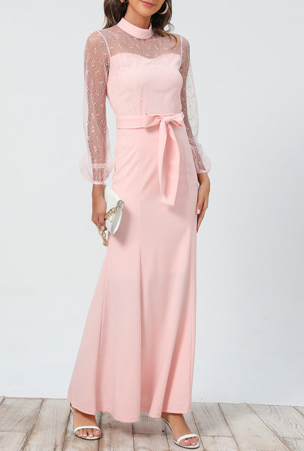 Lace Long Sleeve Dress Round Neck Tie