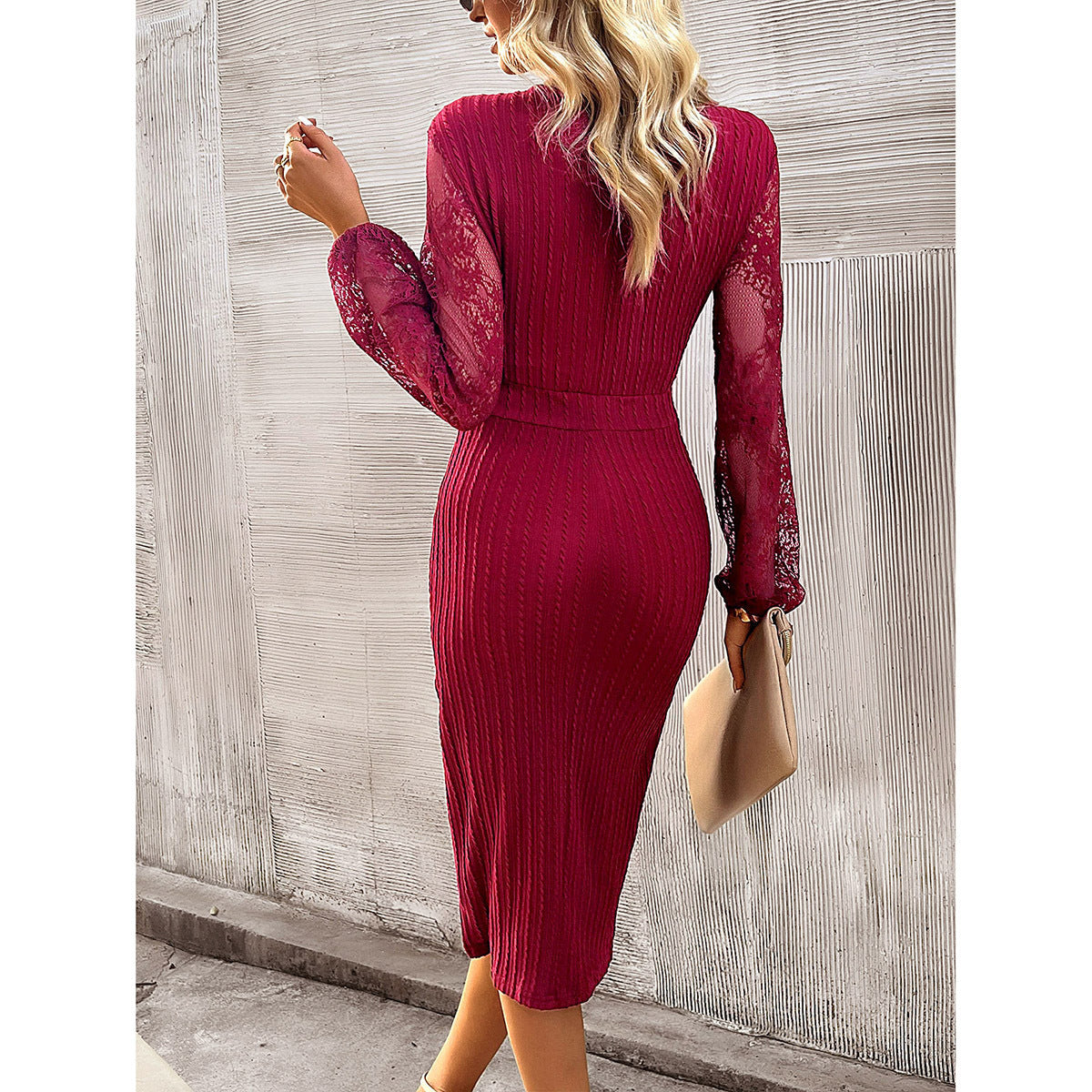 V-Neck Lace & Knitted Long-Sleeve Dress