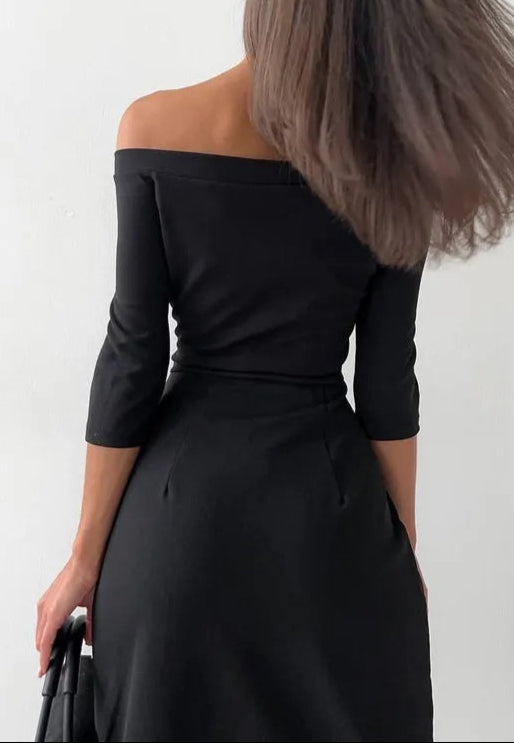 Off-Neck Long Sleeve Dress Waist Slit Elegant