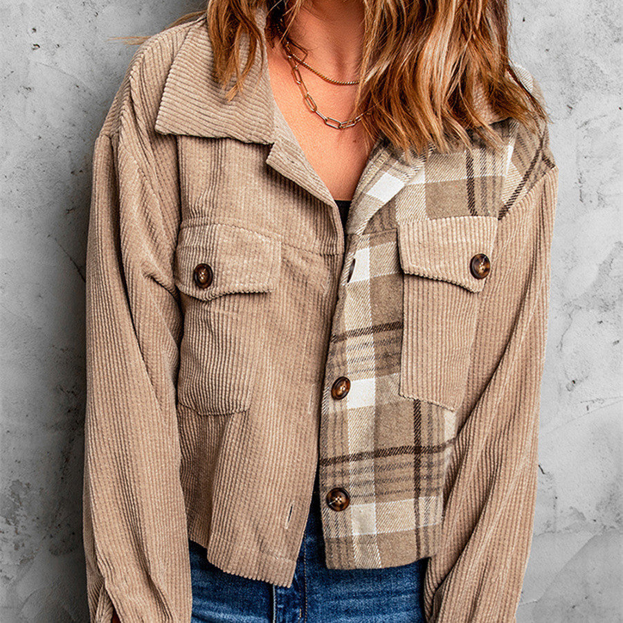 Plaid Corduroy Dropped Shoulder Jacket