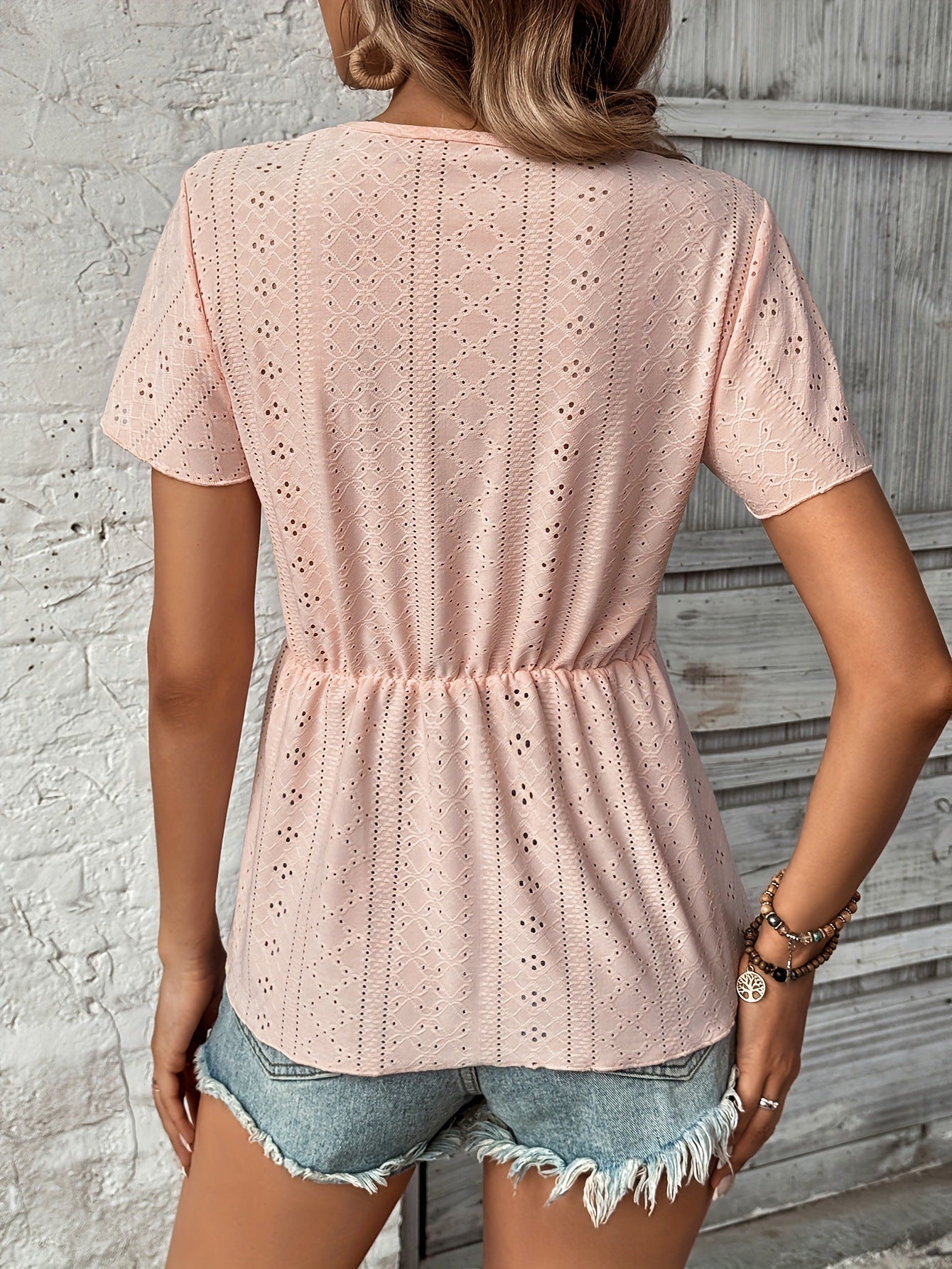 V-neck Stitching Hollow Jacquard Short-sleeved Top