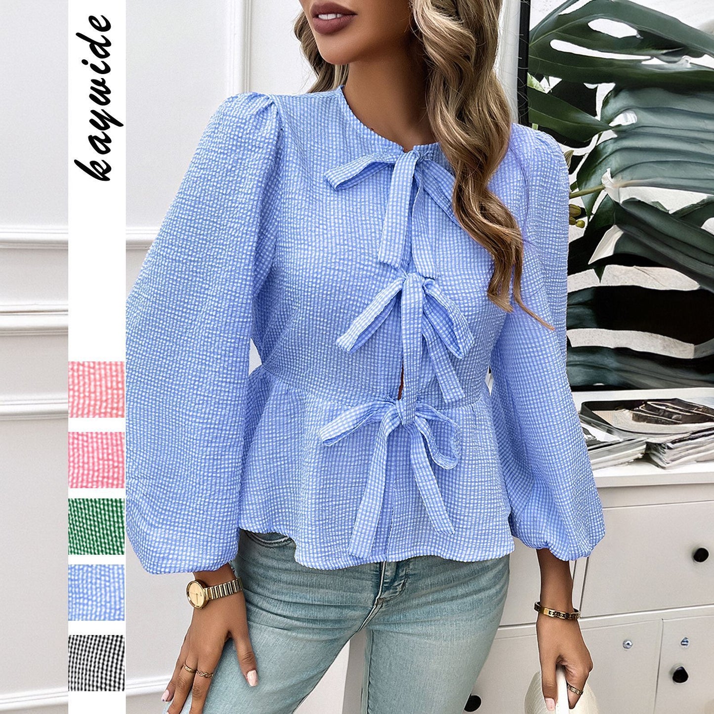 Elegant Contrast Color Tie Long Sleeve Shirt Stylish Blouse