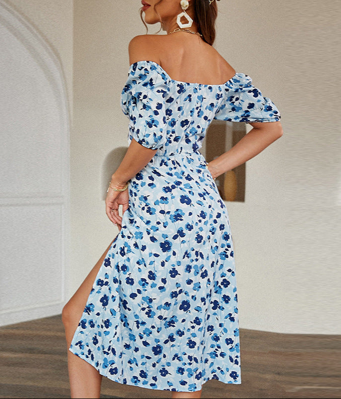 Floral Square Neck Dress Tie Waist Slit Midi Sundress