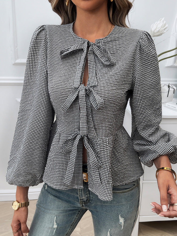 Elegant Contrast Color Tie Long Sleeve Shirt Stylish Blouse