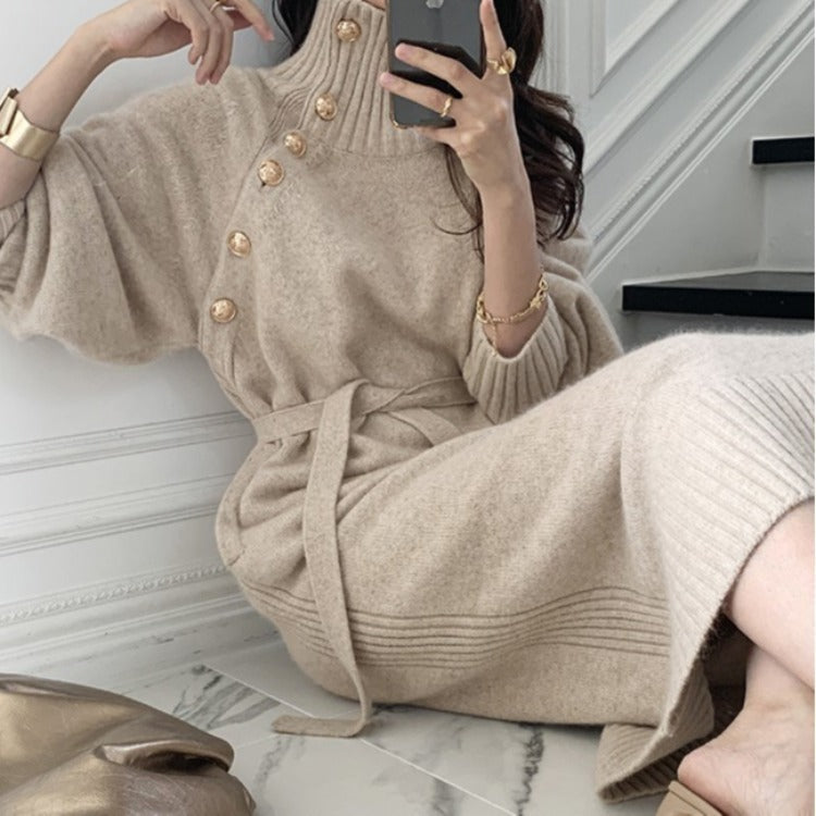 Loose Tie Waist High Neck Long Dress Elegant Casual Maxi