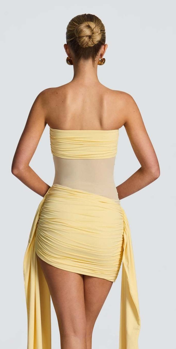 Elegant Mesh Dress Pleated Slit Hemline Evening Gown