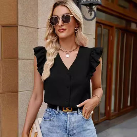 Sleeveless Ruffle Sleeve Blouse for Women – Summer Casual Top