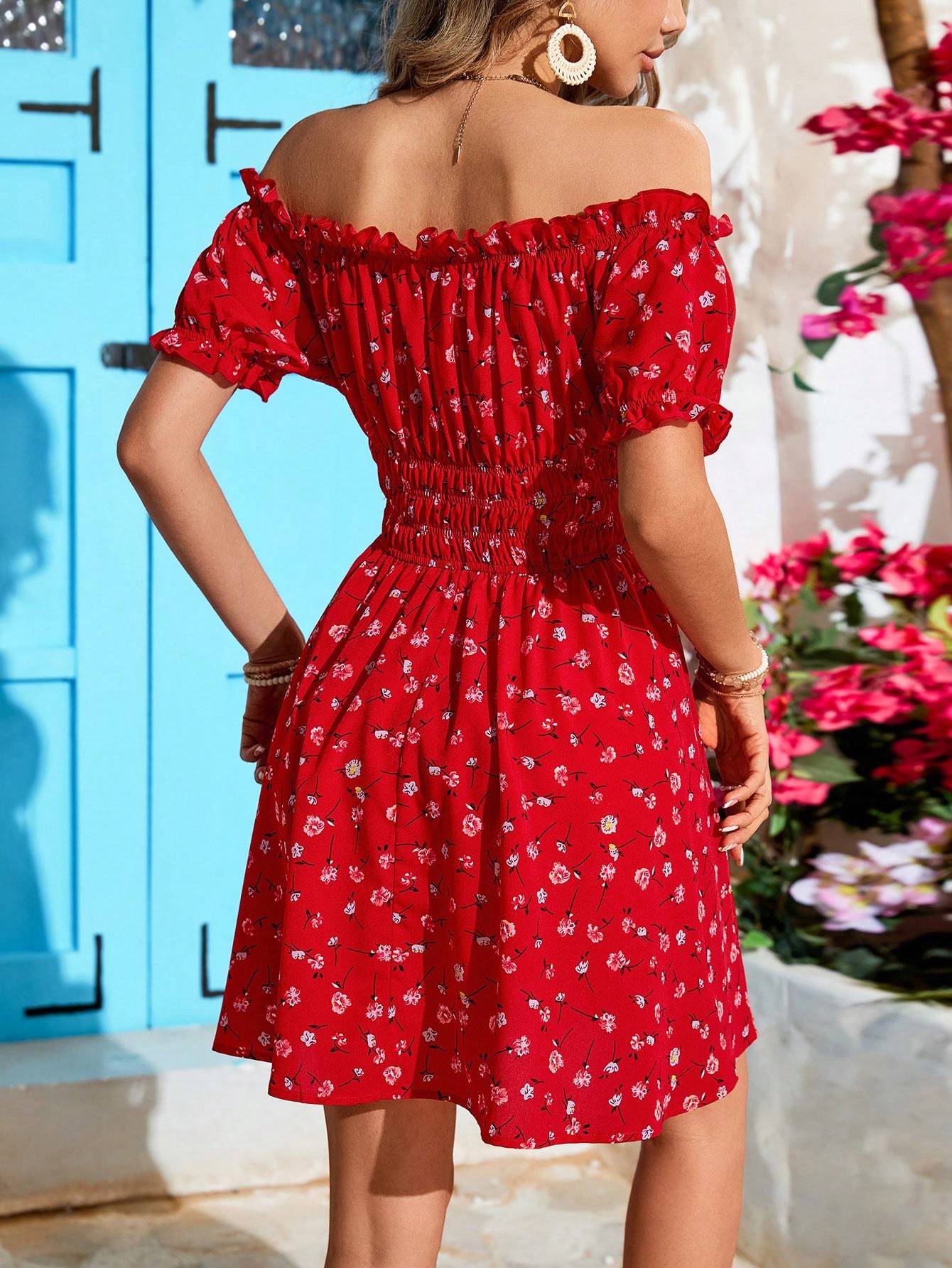 Holiday Off-Shoulder Beach Dress Ruffle Trim High Waist Summer Dress