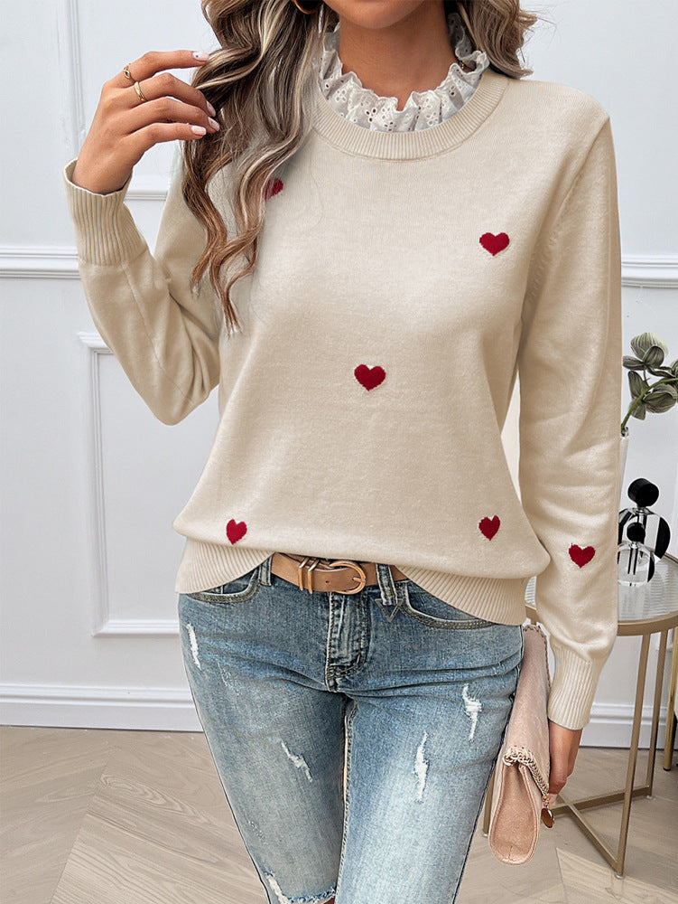 Sweet Cute Embroidered Love Sweater with Lace Collar