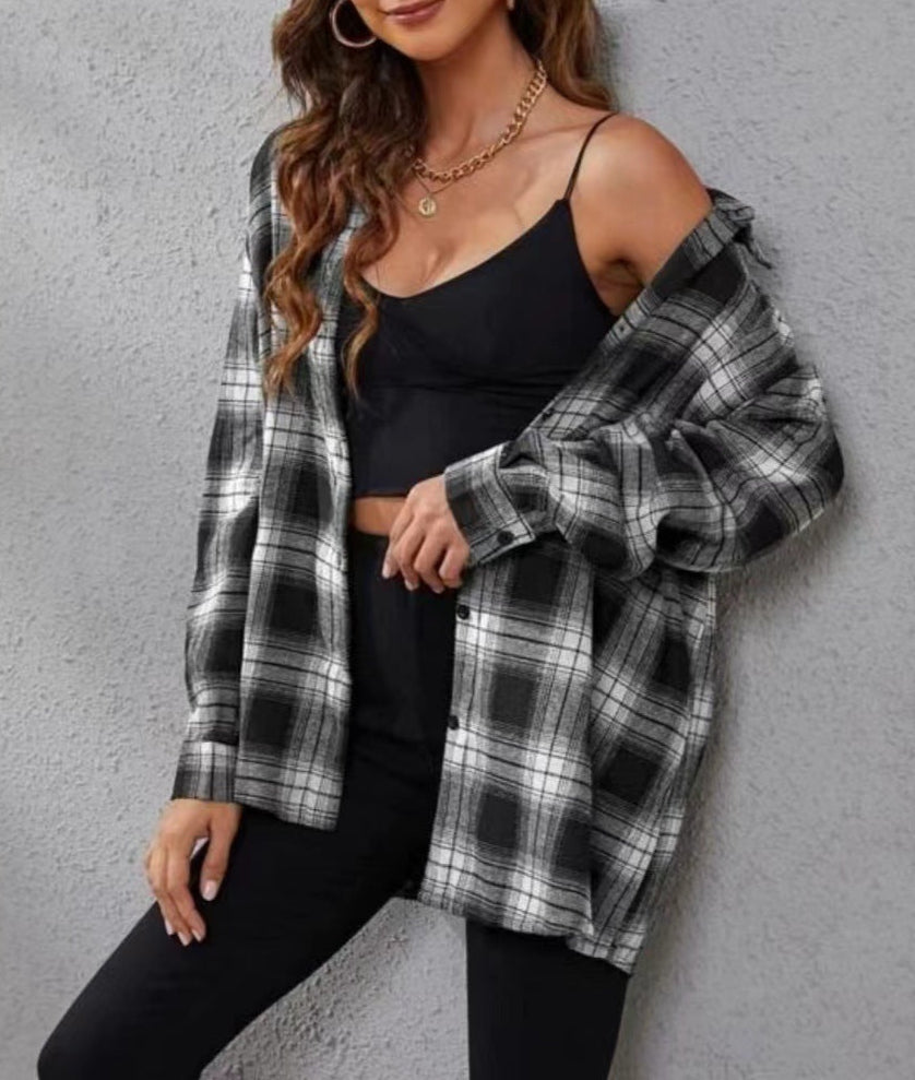 Plaid Cardigan Shirt Loose Fit Casual
