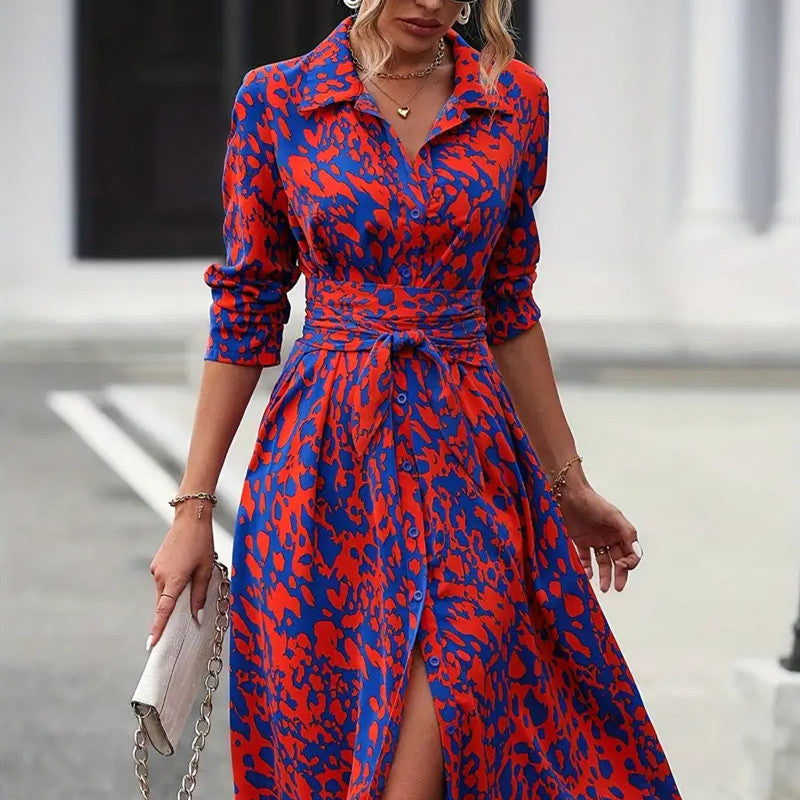 Button-Front Long Sleeve Dress Waist-Defined