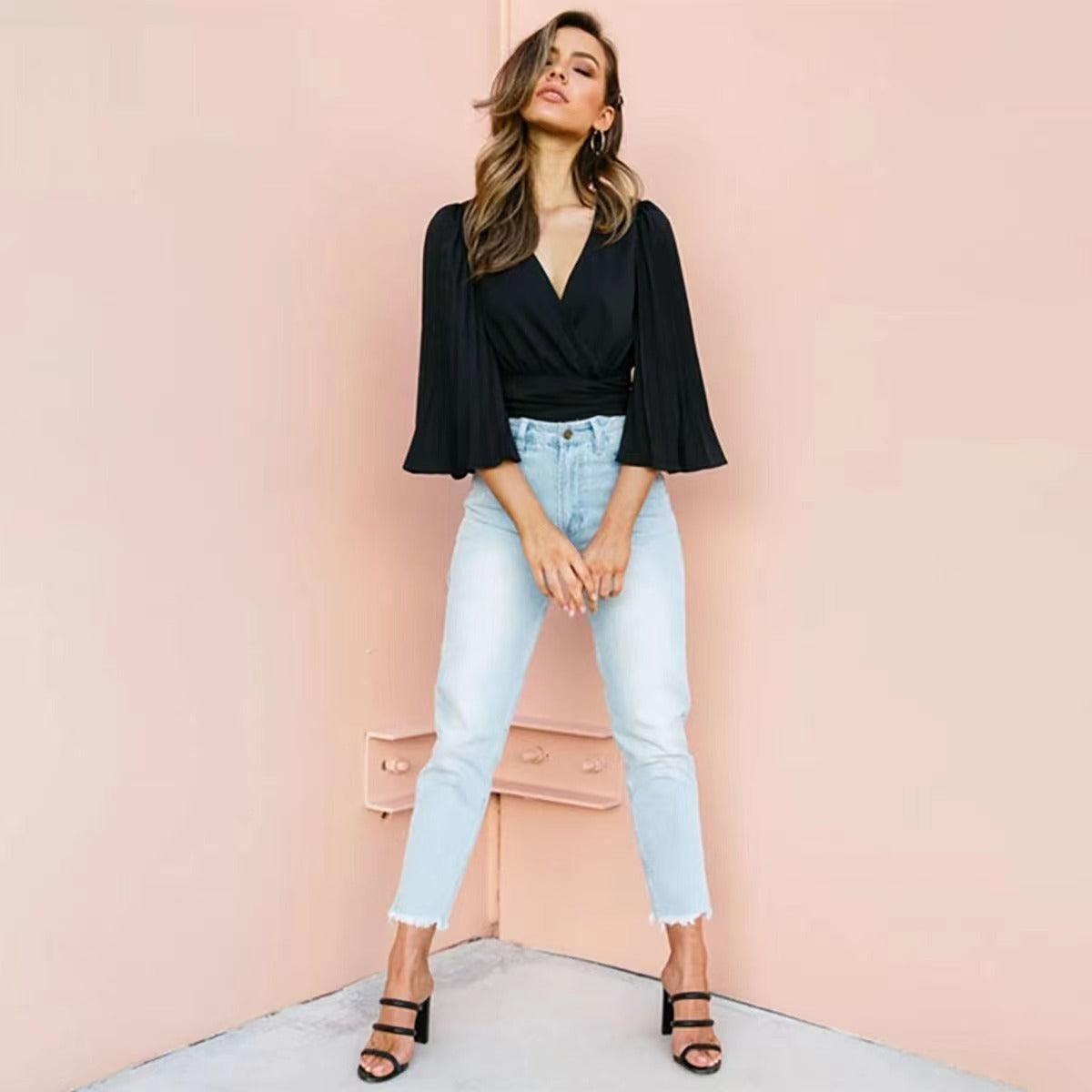 Long Sleeve Shirt Short V-neck Puff Sleeve Top