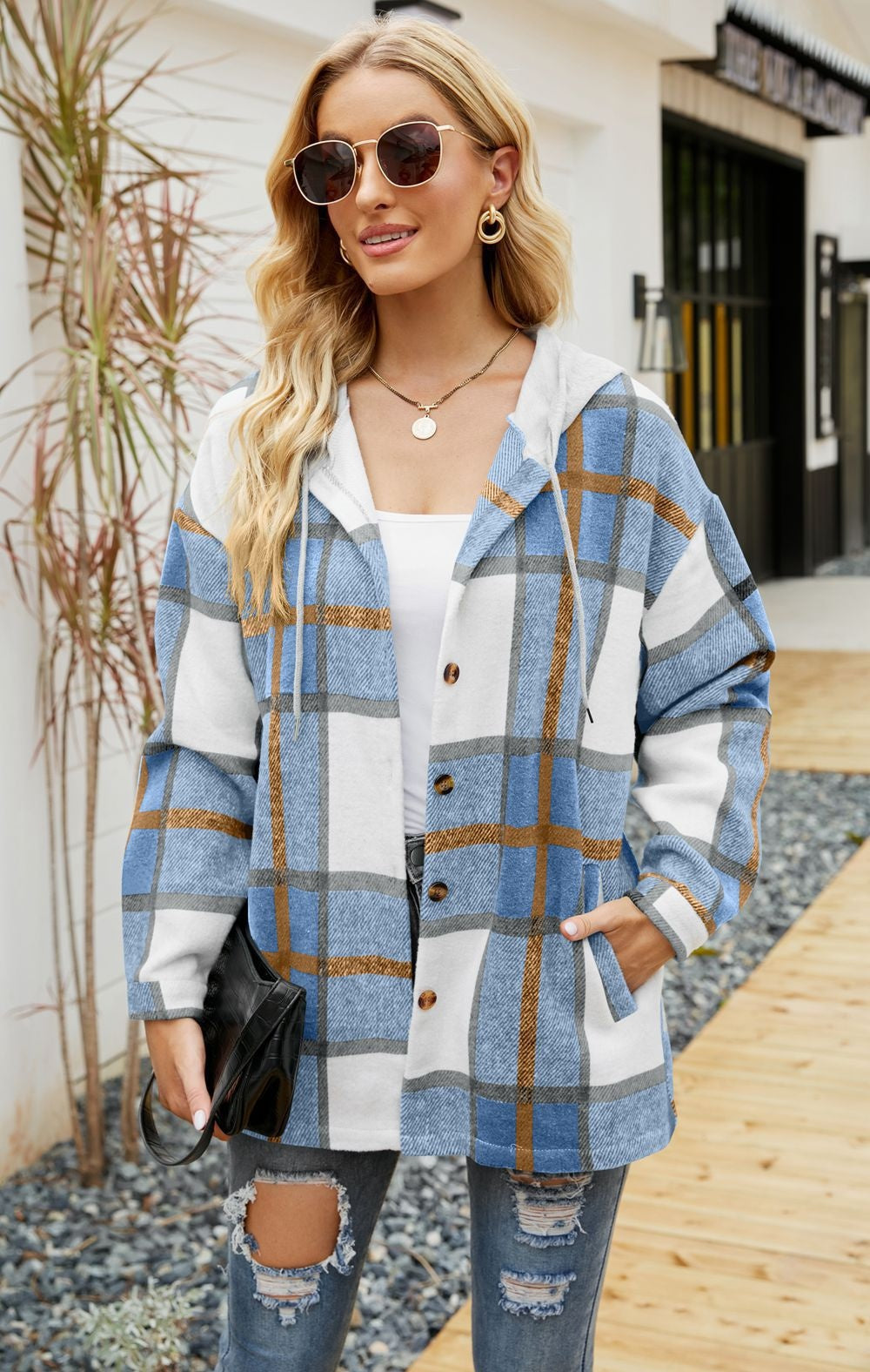 Plaid Hooded Coat Casual Loose Shirt Jacket