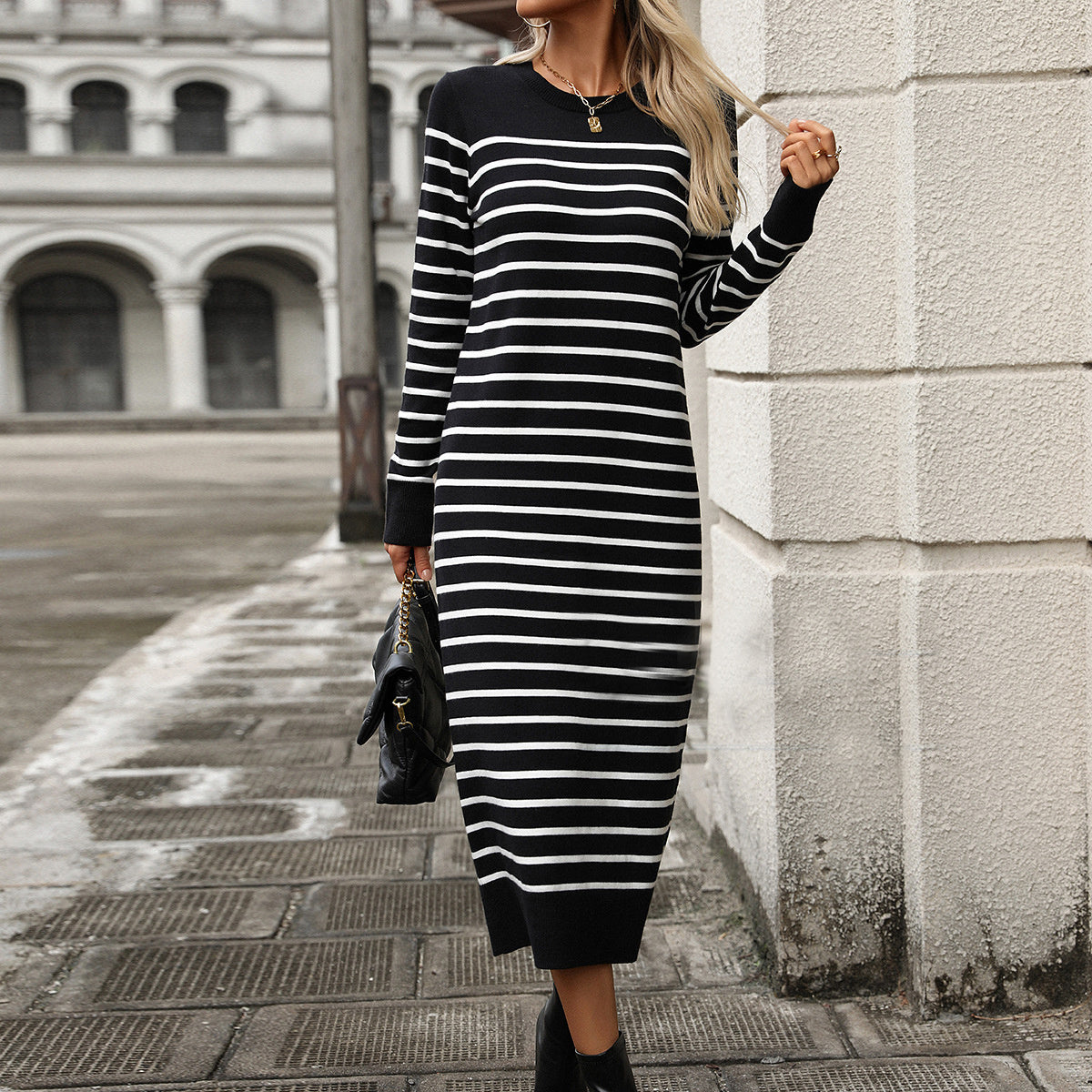 Slim Striped Printed Long Dress Autumn & Winter Long Sleeve