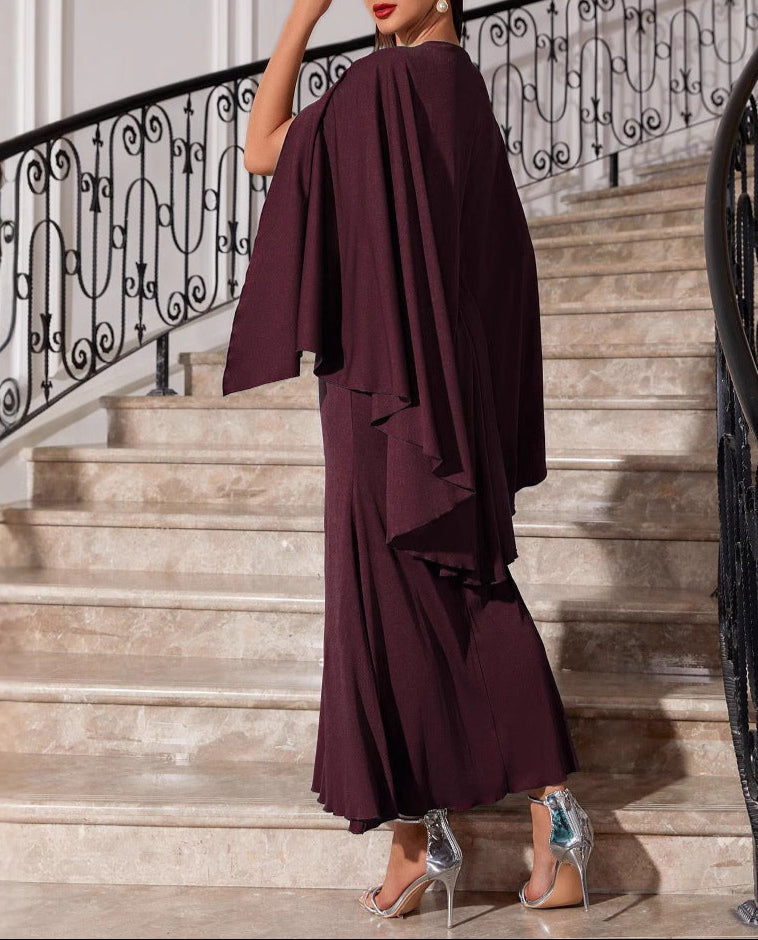 Embroidered Sheath Dress Bat Sleeve Elegant