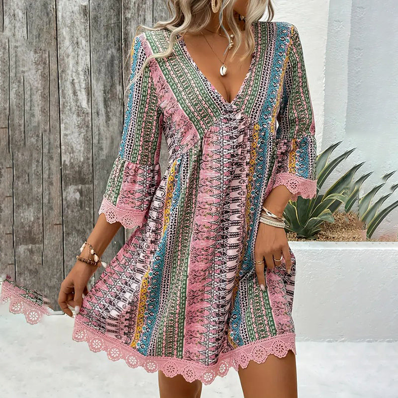 V-Neck Printed Summer Dress Lace Trim Boho Chic Sundress