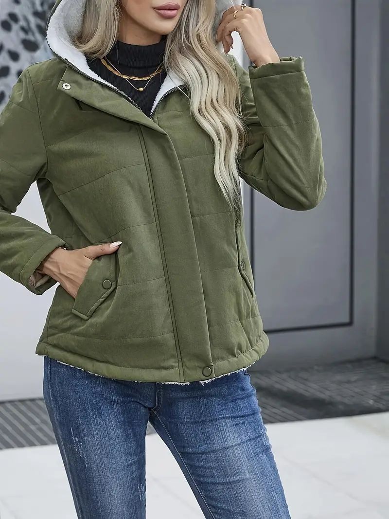 Fleece-Lined Hooded Coat – Winter Preppy Long Sleeve Jacket with Pockets
