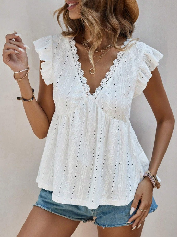 Hollowed-Out V-Neck Lace Top Ruffled Short Sleeve
