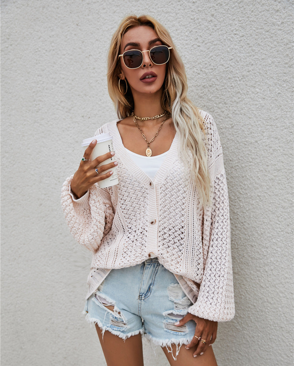 V-Neck Hollow Out Loose Fit Button Sweater