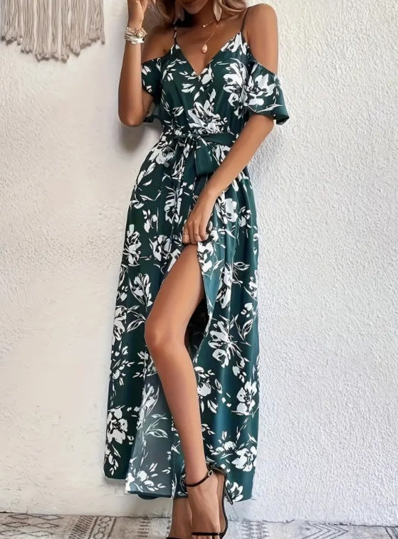 Flower Print Split Suspender Dress Lace-Up Long