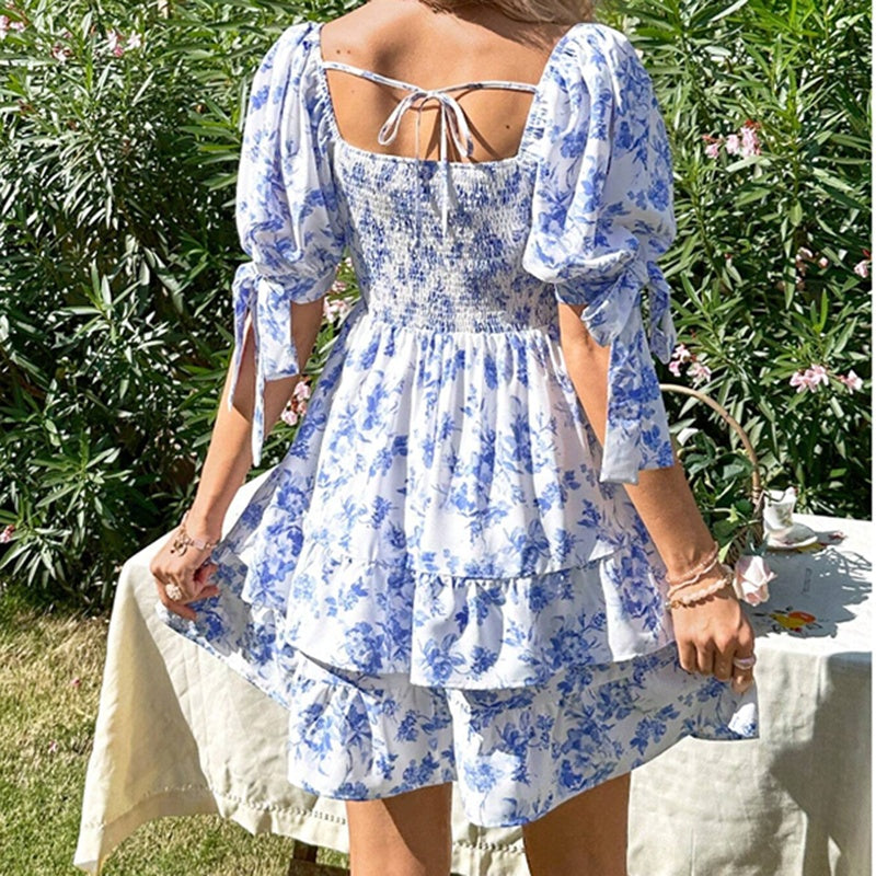 Puff Sleeve Square Neck Smocked Dress Boho Floral Off-Shoulder Ruffle Mini Dress