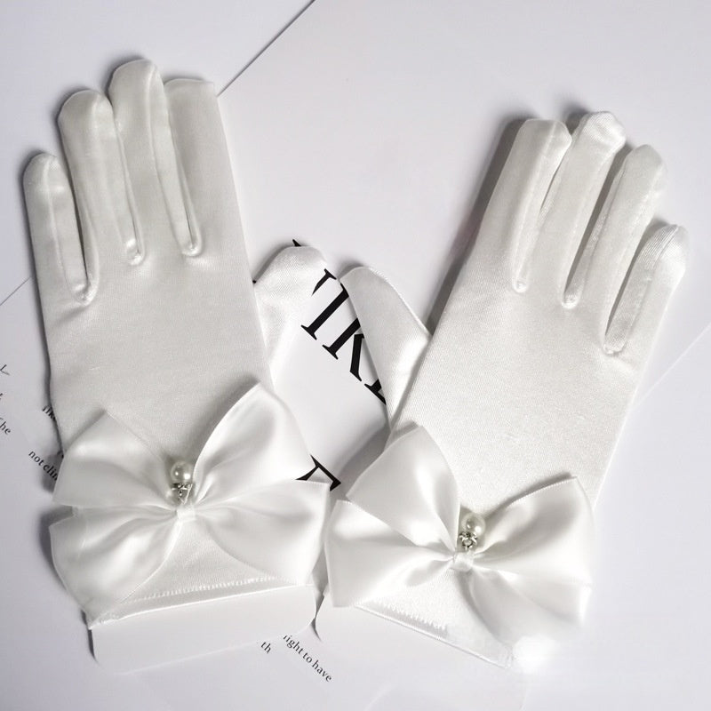 Satin Bow Princess Gloves with Dangling Beads