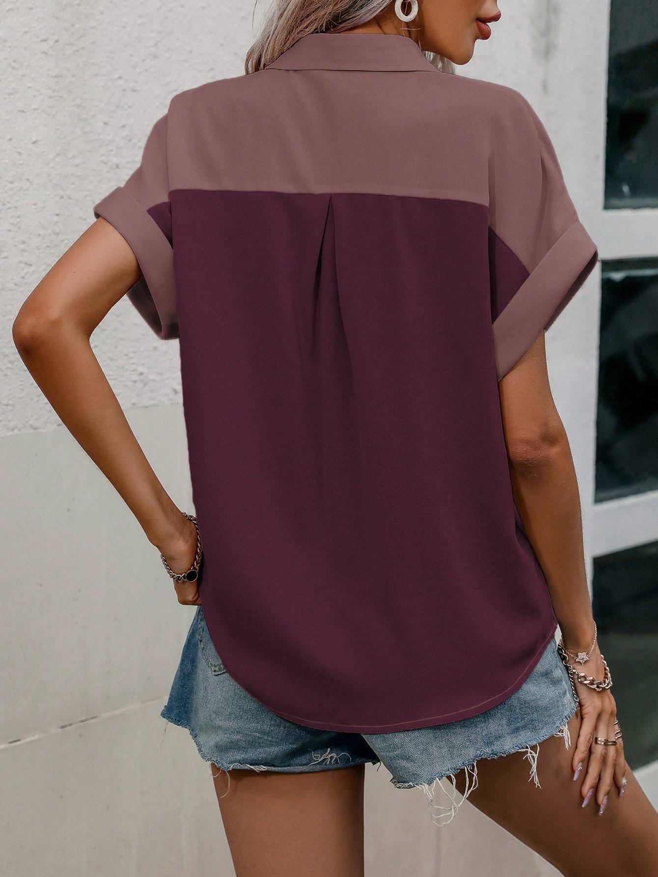 Two-Tone Batwing Sleeve Pocket Patched Shirt