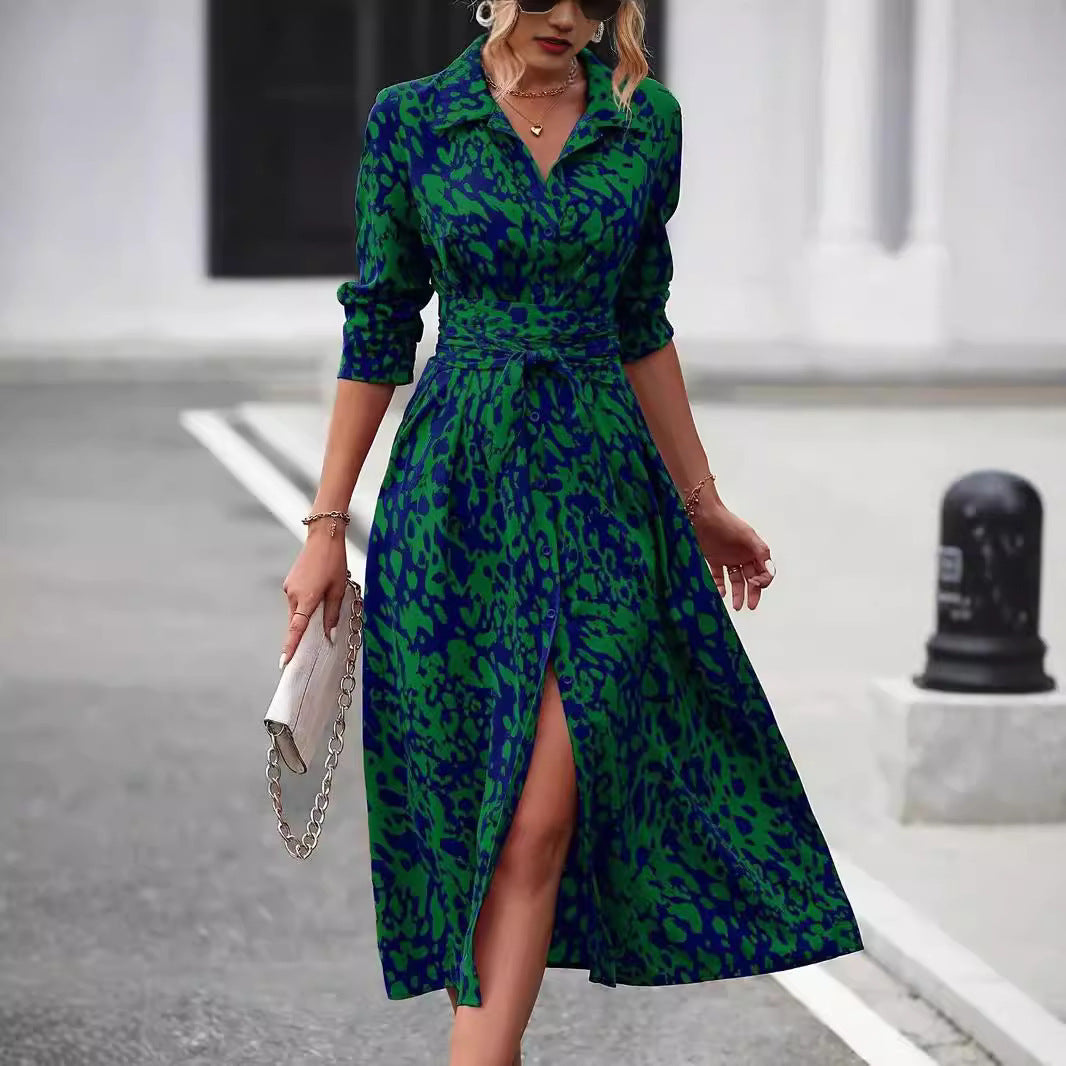 Button-Front Long Sleeve Dress Waist-Defined