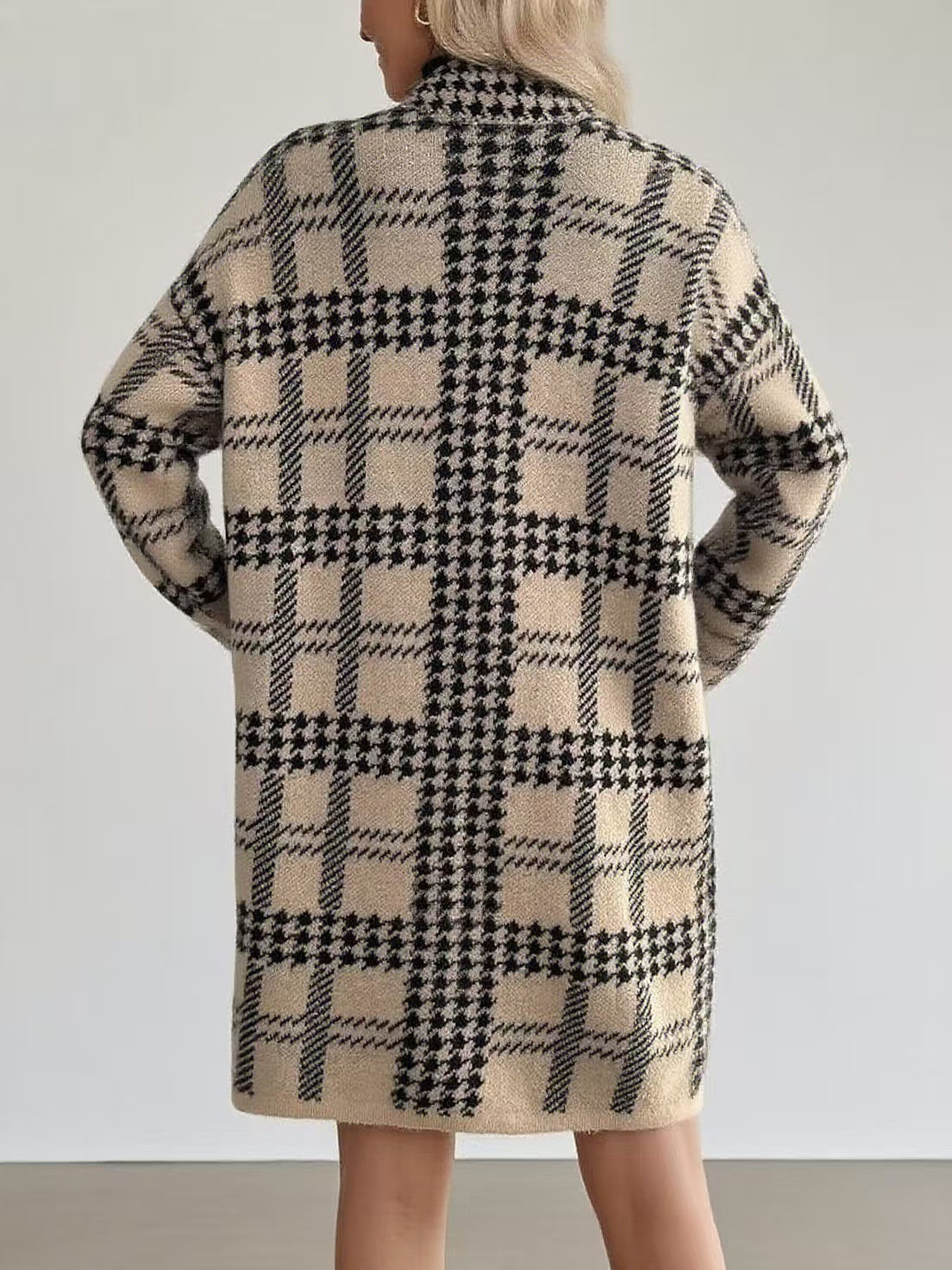 Houndstooth Knitted Long Cardigan Stylish Knit