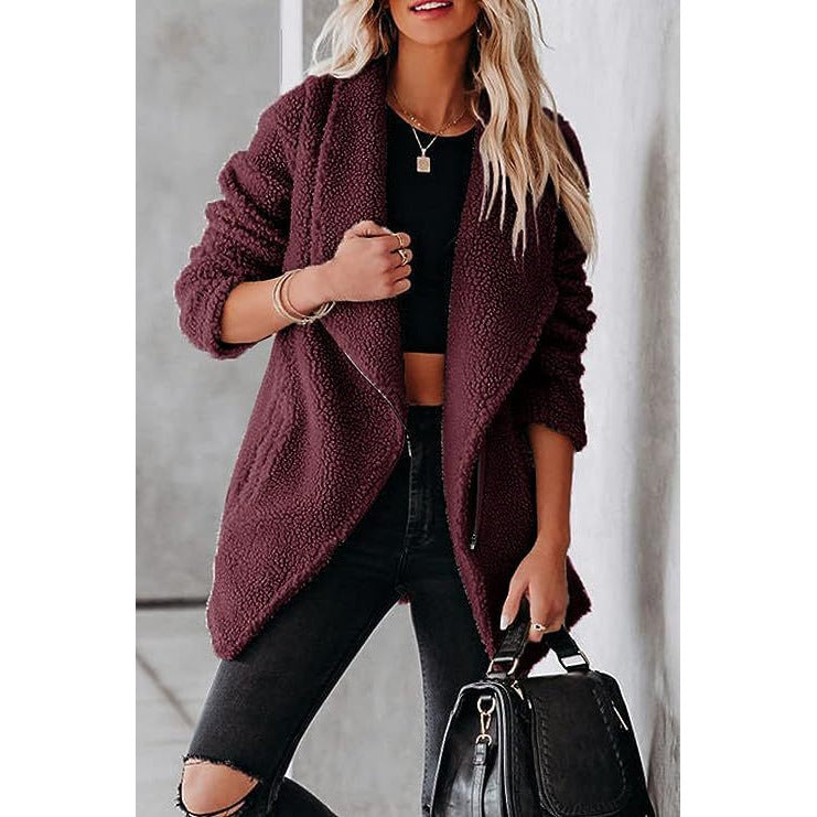 Casual Wool Lamb Jacket Zipper Pocket Fleece Coat