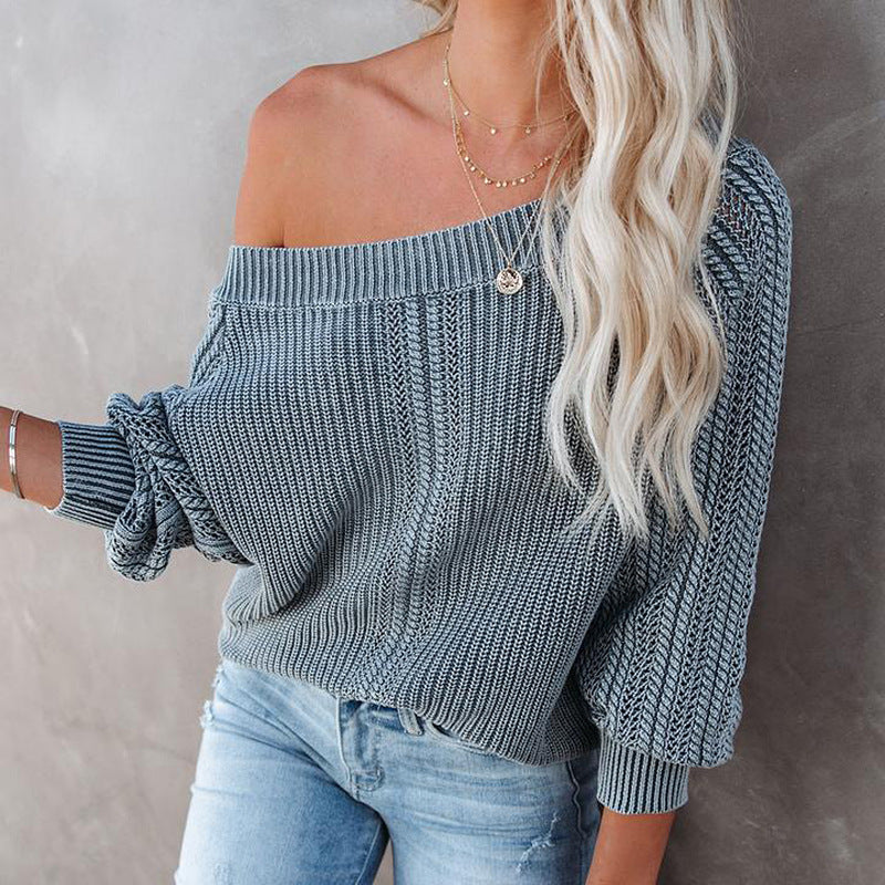 Solid Color V-Neck Sweater Loose Lantern Sleeve Long