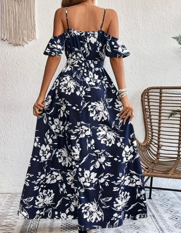 Flower Print Split Suspender Dress Lace-Up Long