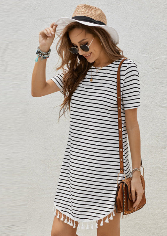 Striped Stitching Short-Sleeve Dress Fringe Hem
