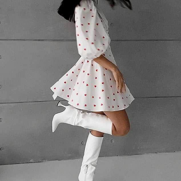 Cotton And Linen Puff Sleeve High Waist Heart Printing Dress