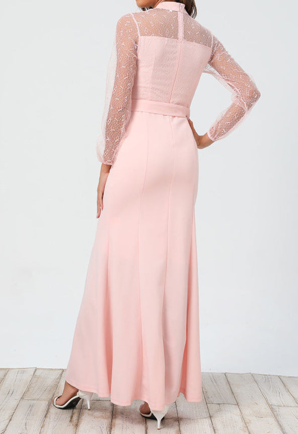Lace Long Sleeve Dress Round Neck Tie