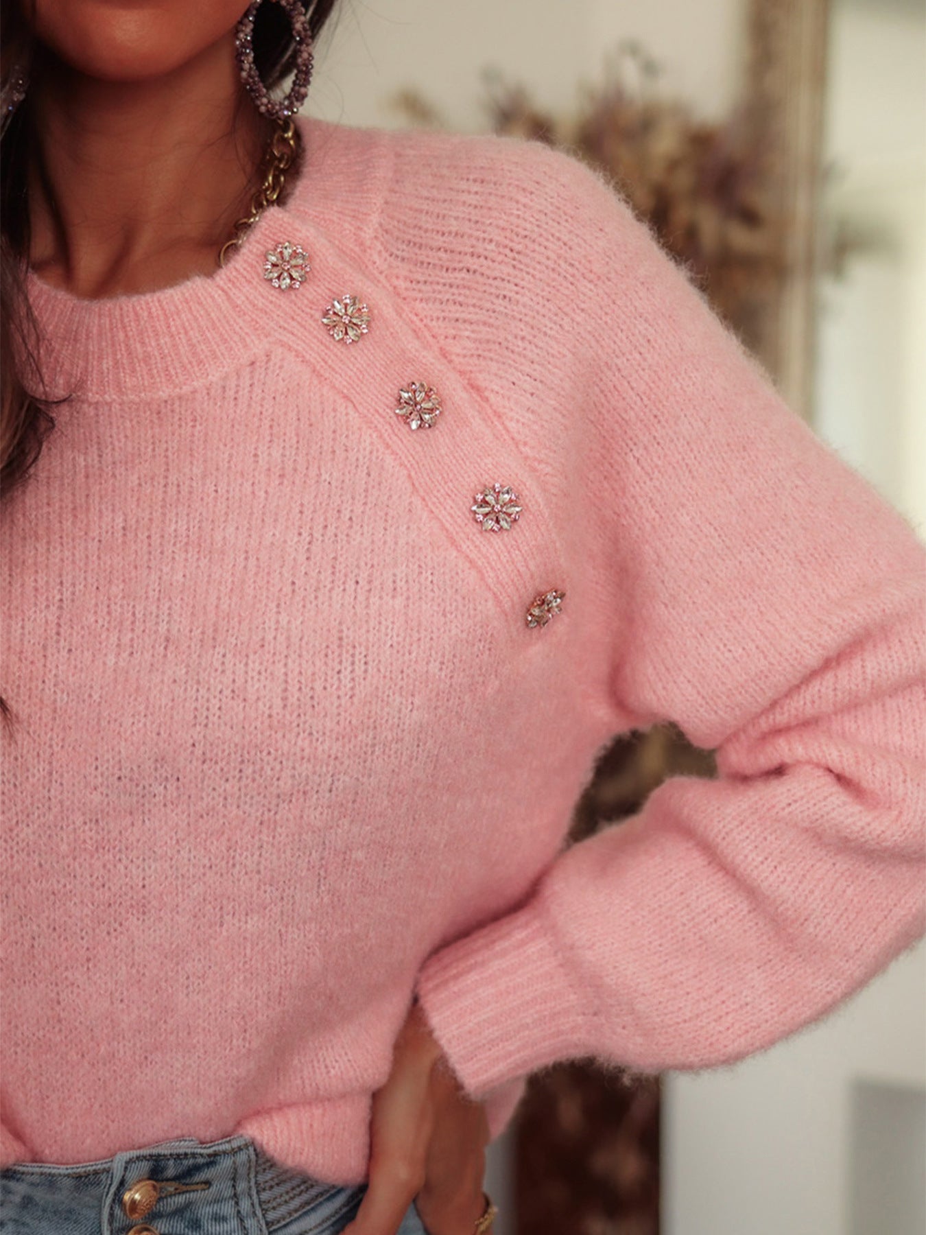 Raglan Sleeve Sweater Round Neck Button Knit Pullover