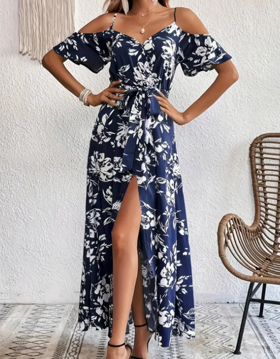 Flower Print Split Suspender Dress Lace-Up Long