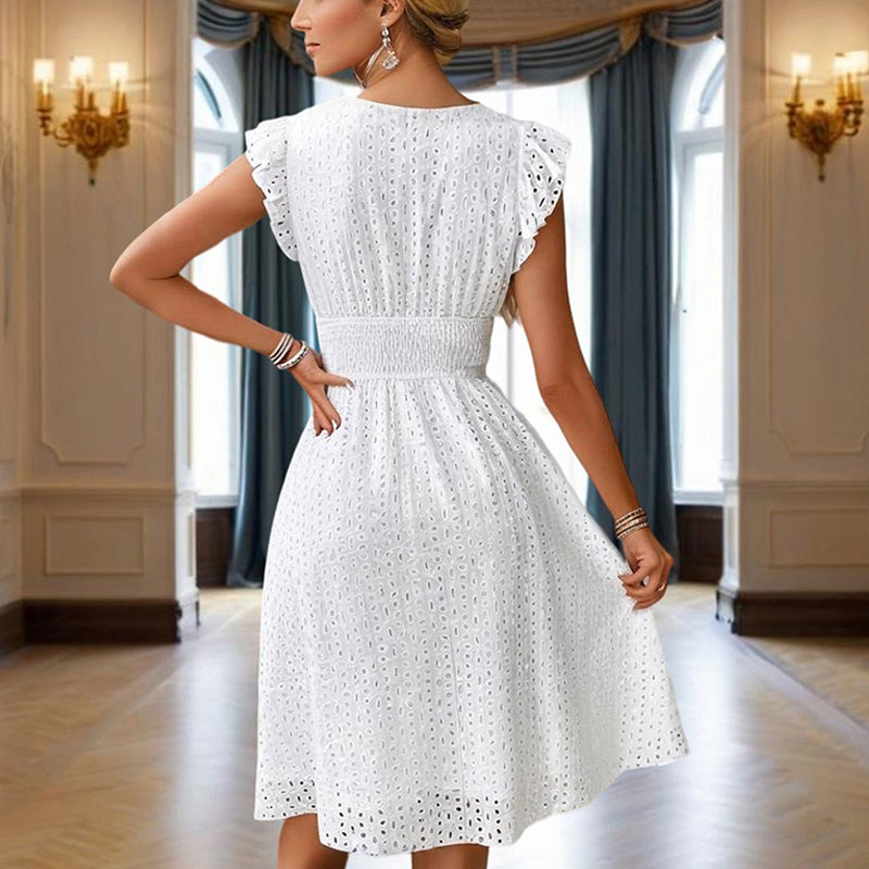 V-Neck Lace Short Sleeve Dress with Elastic Waist Flowy Midi Dress