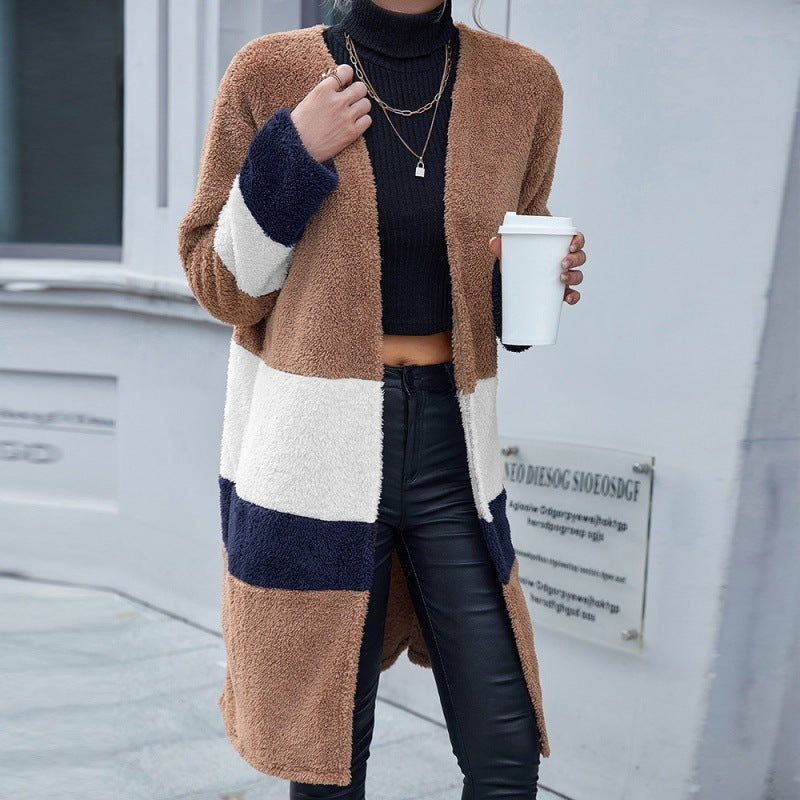 Double-Sided Woolen Blocking Mid-Length Cardigan
