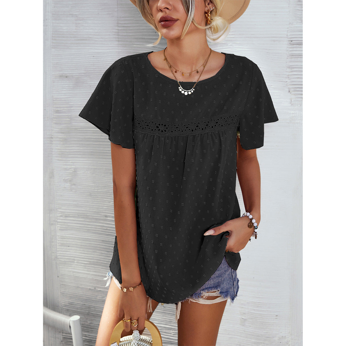 Short Sleeve Summer Top Blouse Solid Color Lace