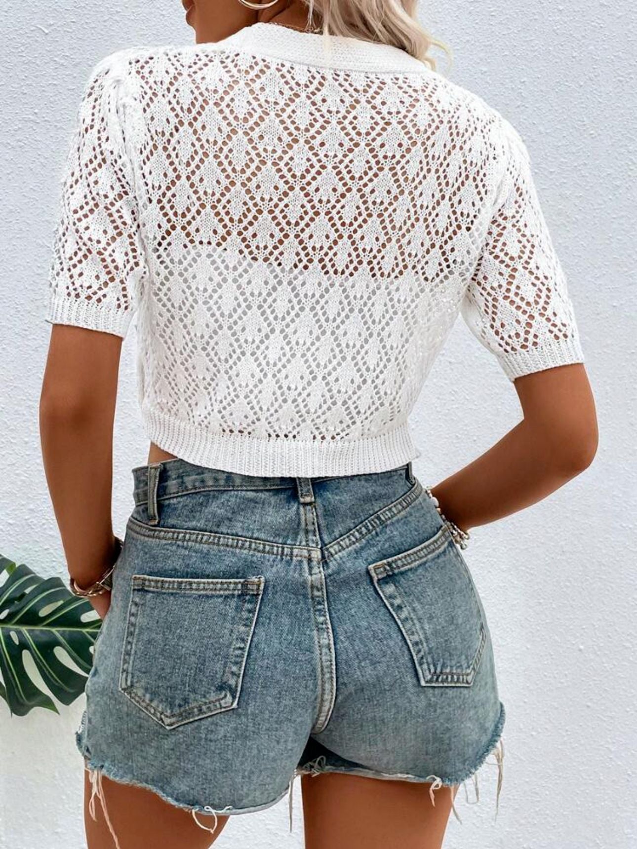 Front Button Pointelle Knitted Cropped Cardigan Sweater